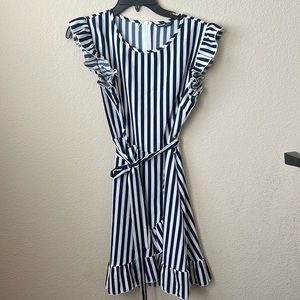 Striped nautical, sundress, ruffled shoulders